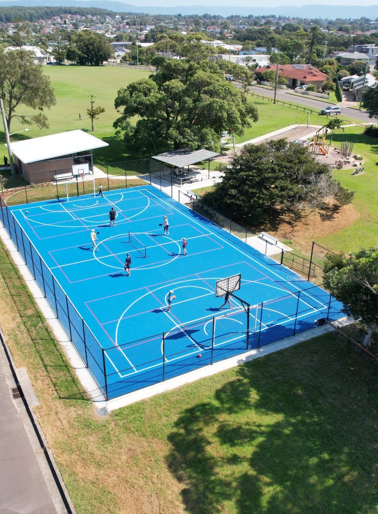 Image shows an ariel view of a sports court constructed by Convil Group