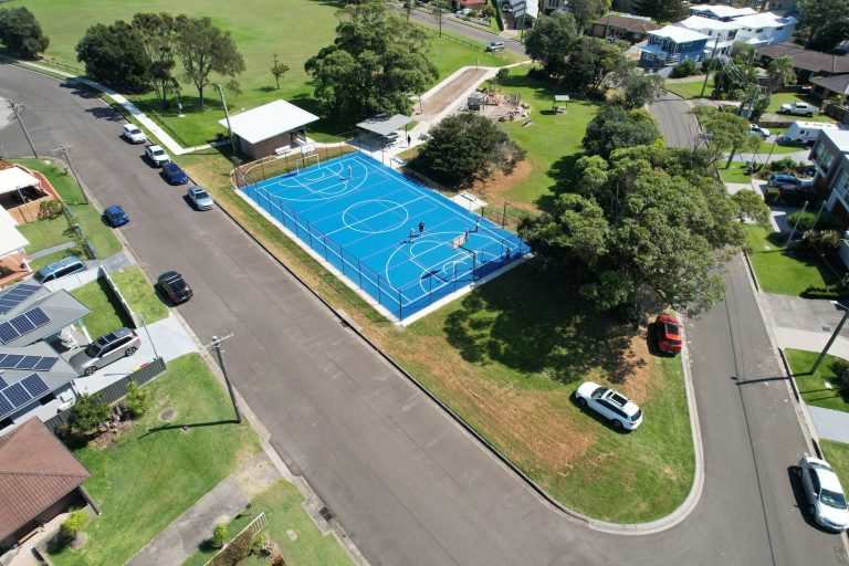 Image shows an ariel view of Dawes park sports courts constructed by Convil Group