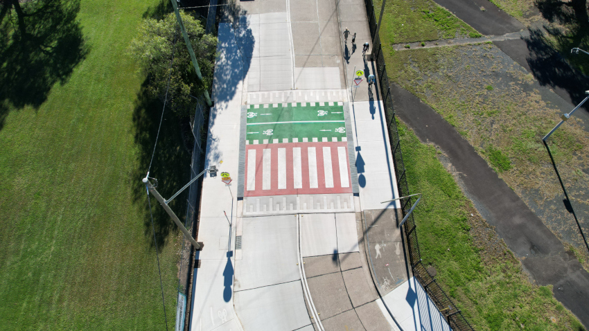 Image shows an ariel view of a raised pedestrian crossing built by Convil Group